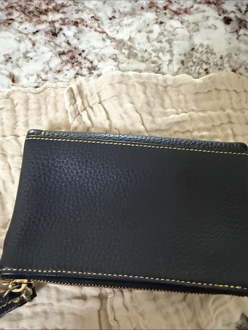 Dooney & Bourke Black Pebbled Leather Zip Wristlet with Gold Accent